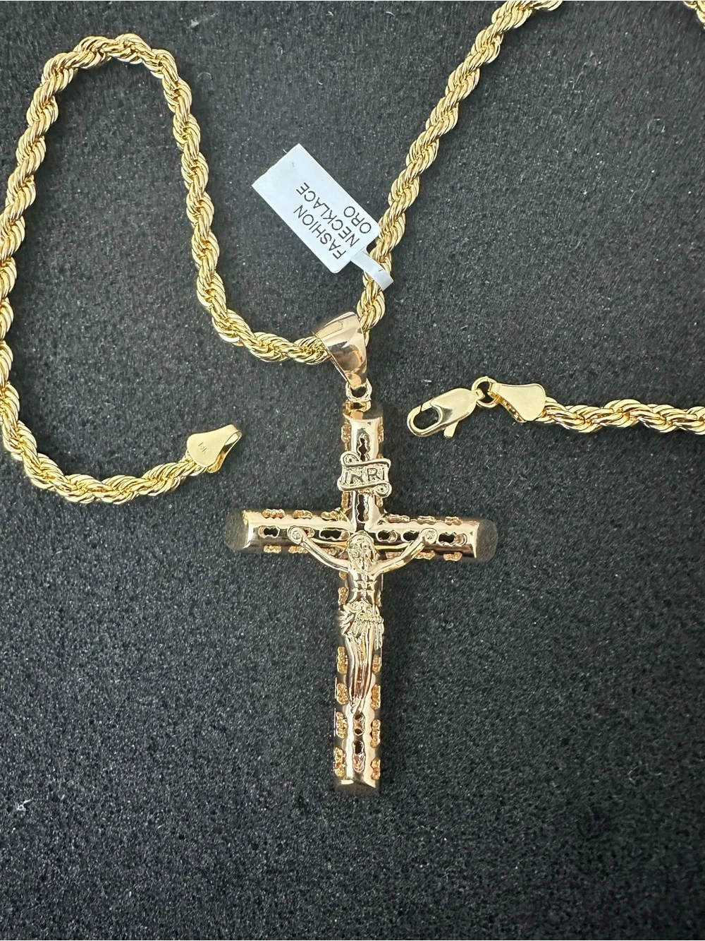 New Gold plated cross Jesus Crucifix Pendant charm with new Rope Chain